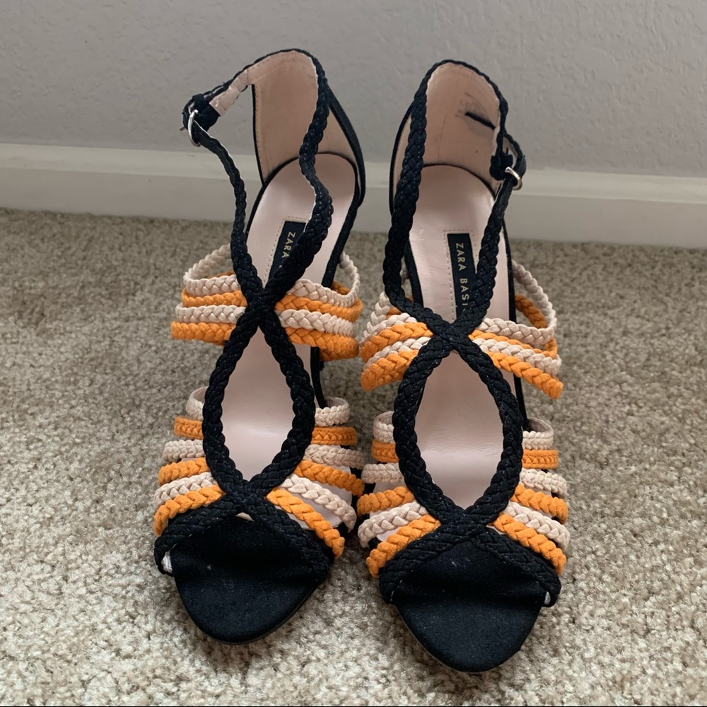NEW Zara Orange Black Braided Heeled Sandals Size 10 - Picture 6 of 9